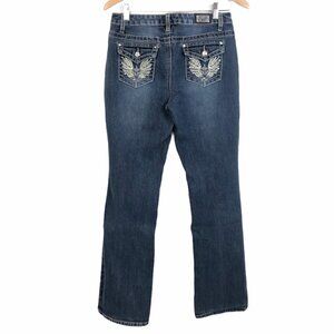 Earl Women’s Bootcut Jeans Sz 6 Button Flap Pockets Bling Angel Wing Embellished
